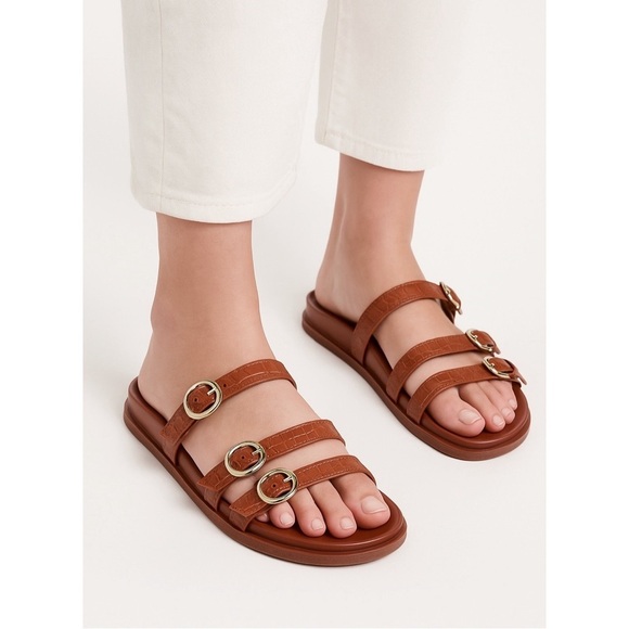 J. Crew Shoes - J.CREW 3-Strap Brown Faux Crocodile Slide Sandals 8